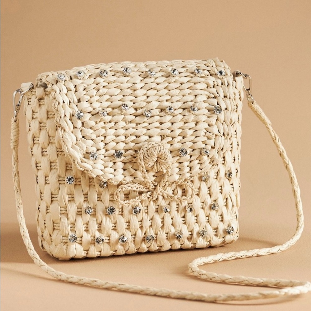 Anthropologie Embellished Straw Crossbody Bag
